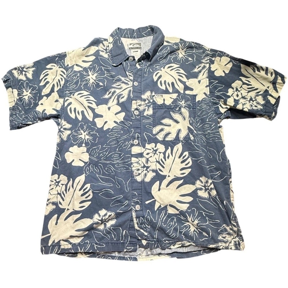 Quiksilver Men's Medium Hawaiian Aloha Button Front Shirt Blue Floral Tropical